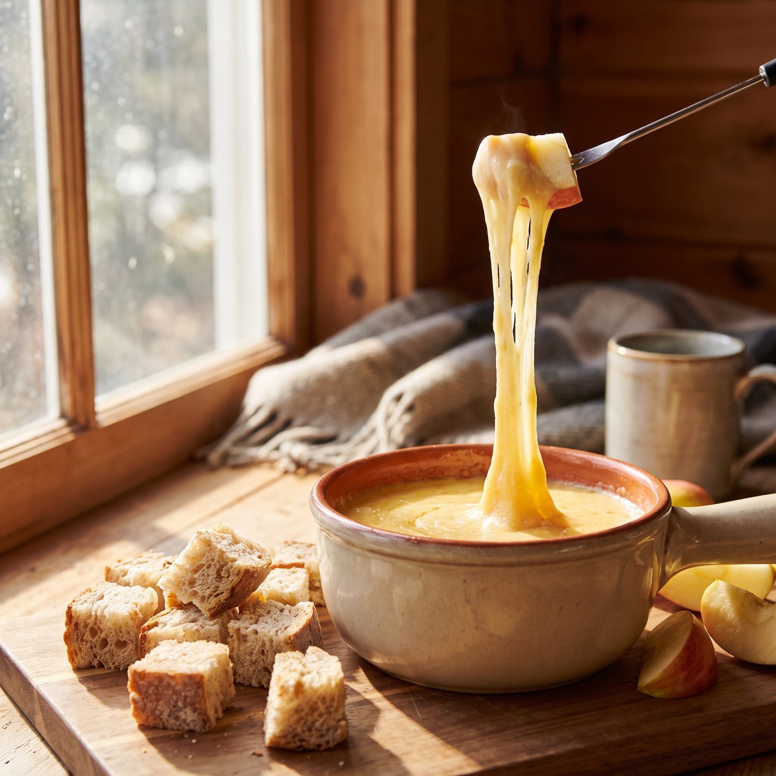 Warm Cheddar-Ale Fondue With Apples and Bread Cubes