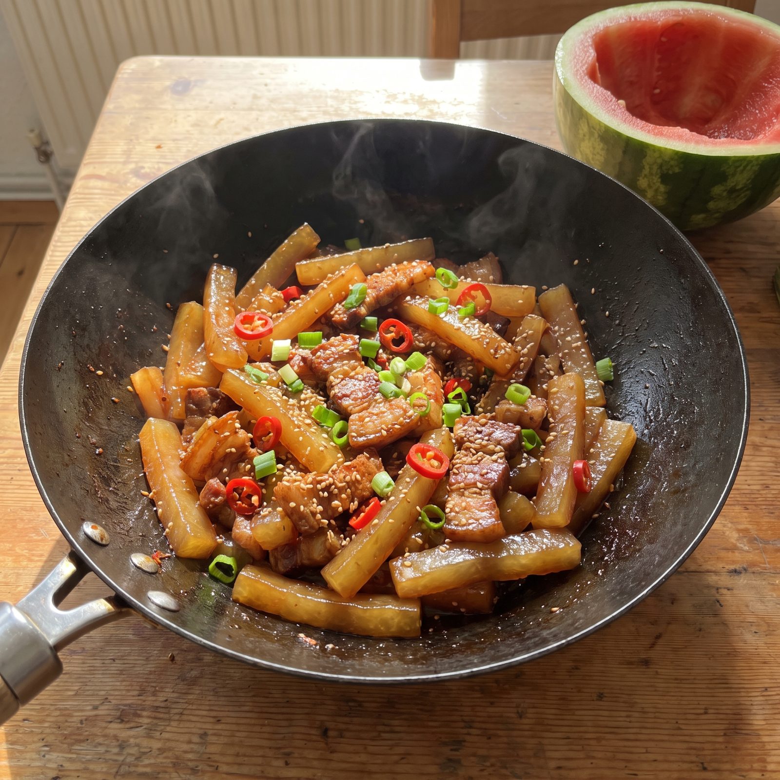 Watermelon Rind and Pork in a Tangy Stir-Fry