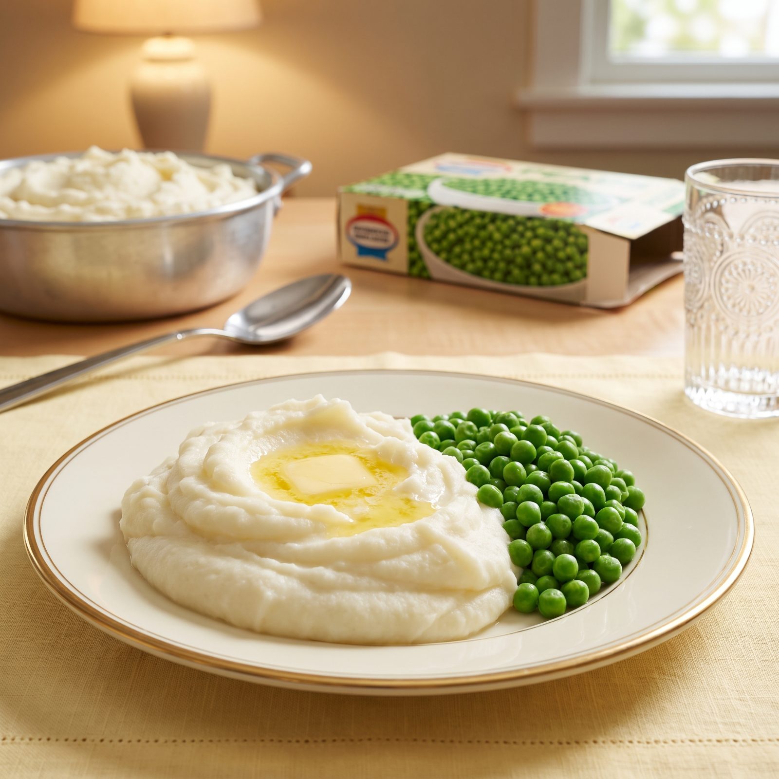 Wednesday's Whipped Potatoes Beside a Scoop of Frozen Peas
