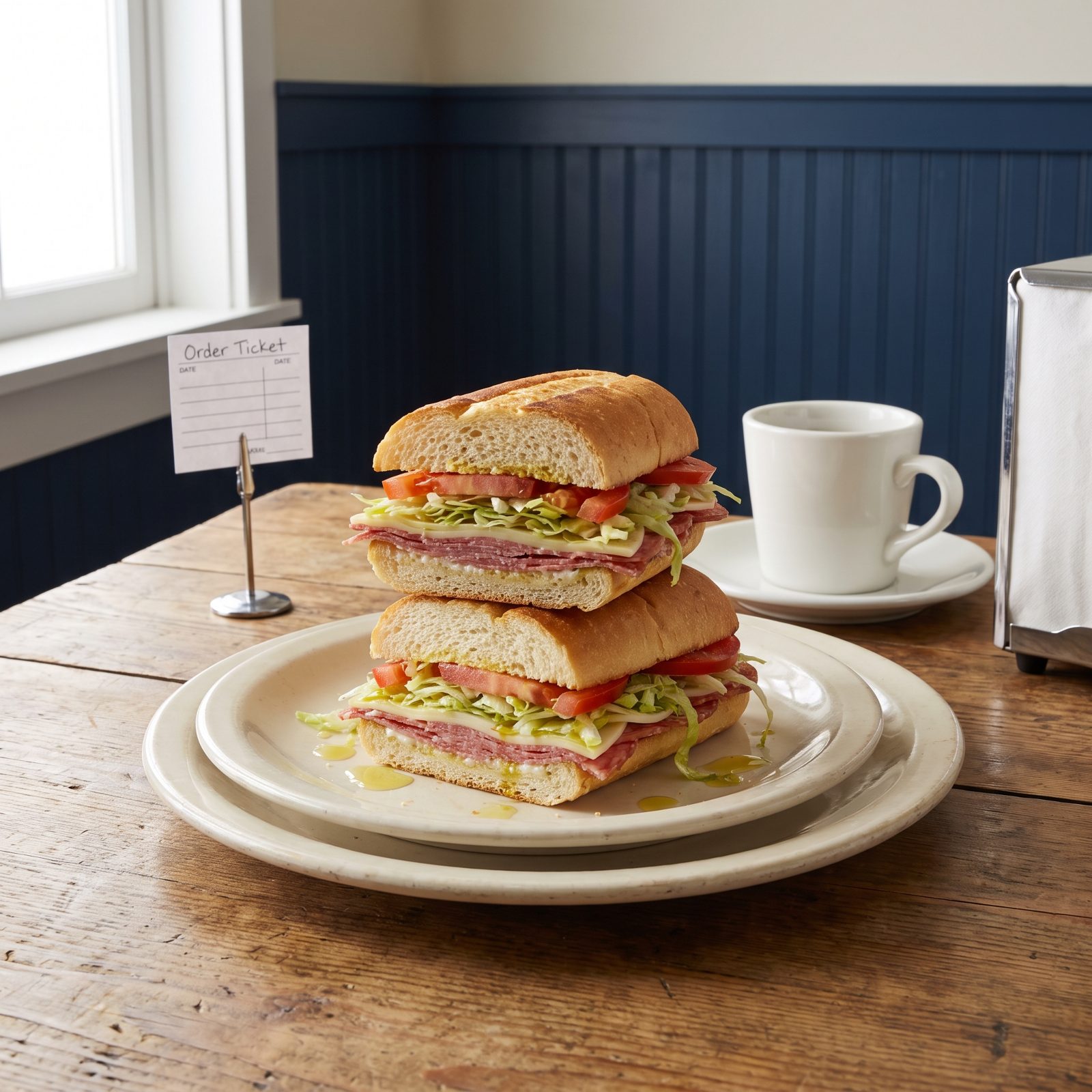 Italian sub cut in half on a cream diner plate beside a coffee cup and a small order spike on a wooden table.