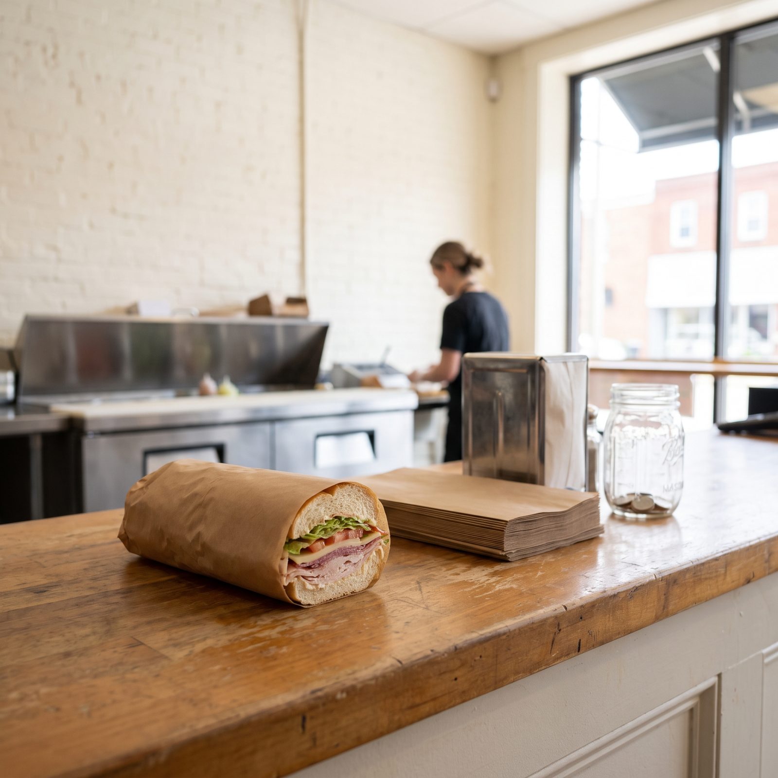 Sandwich shop counter with a partly unwrapped sub whose filling is only half visible through the paper.