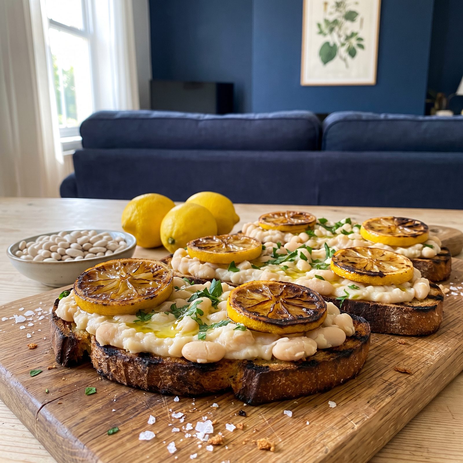 White Beans and Charred Lemon on Garlic Toast