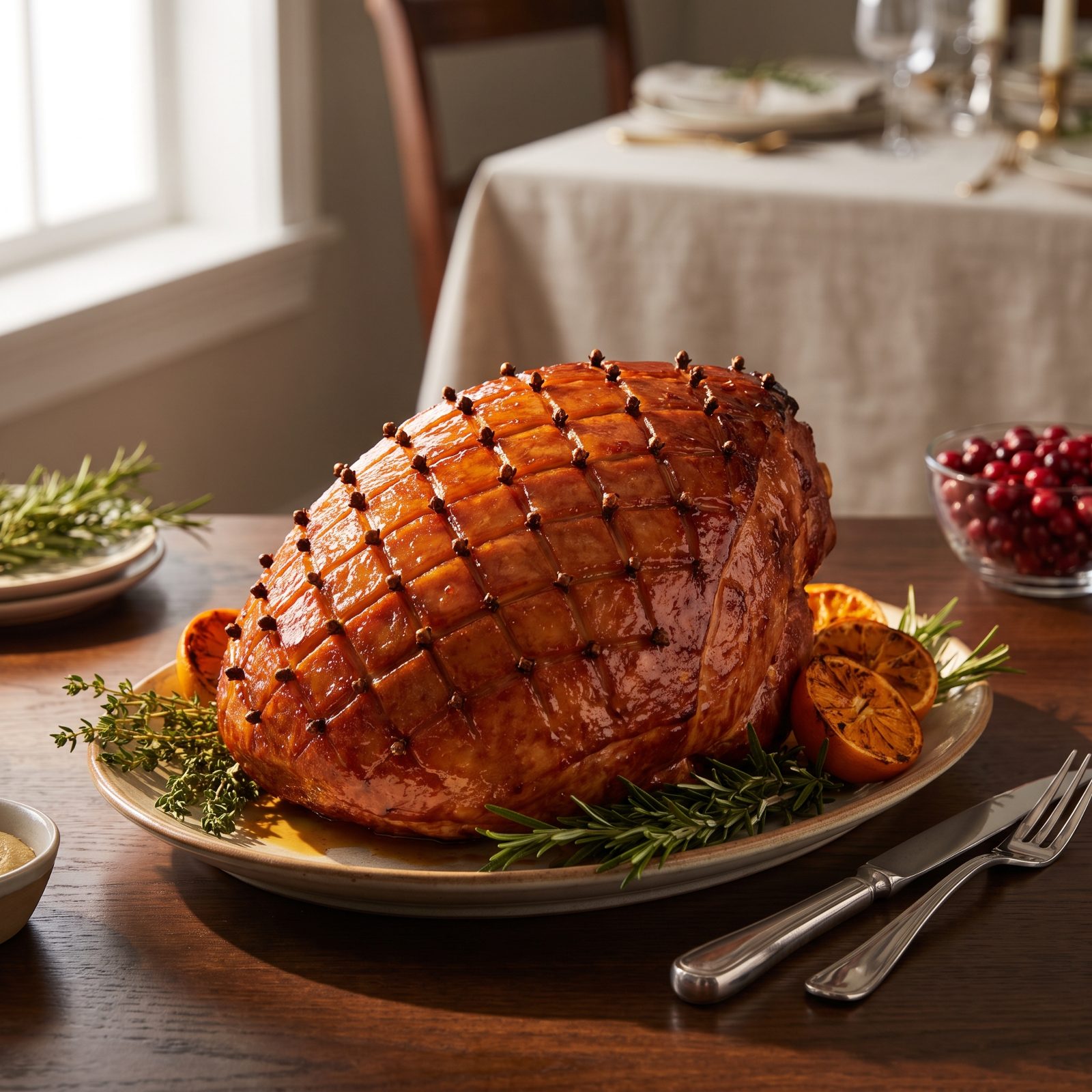 The Whole Baked Ham Studded With Cloves in a Diamond Grid