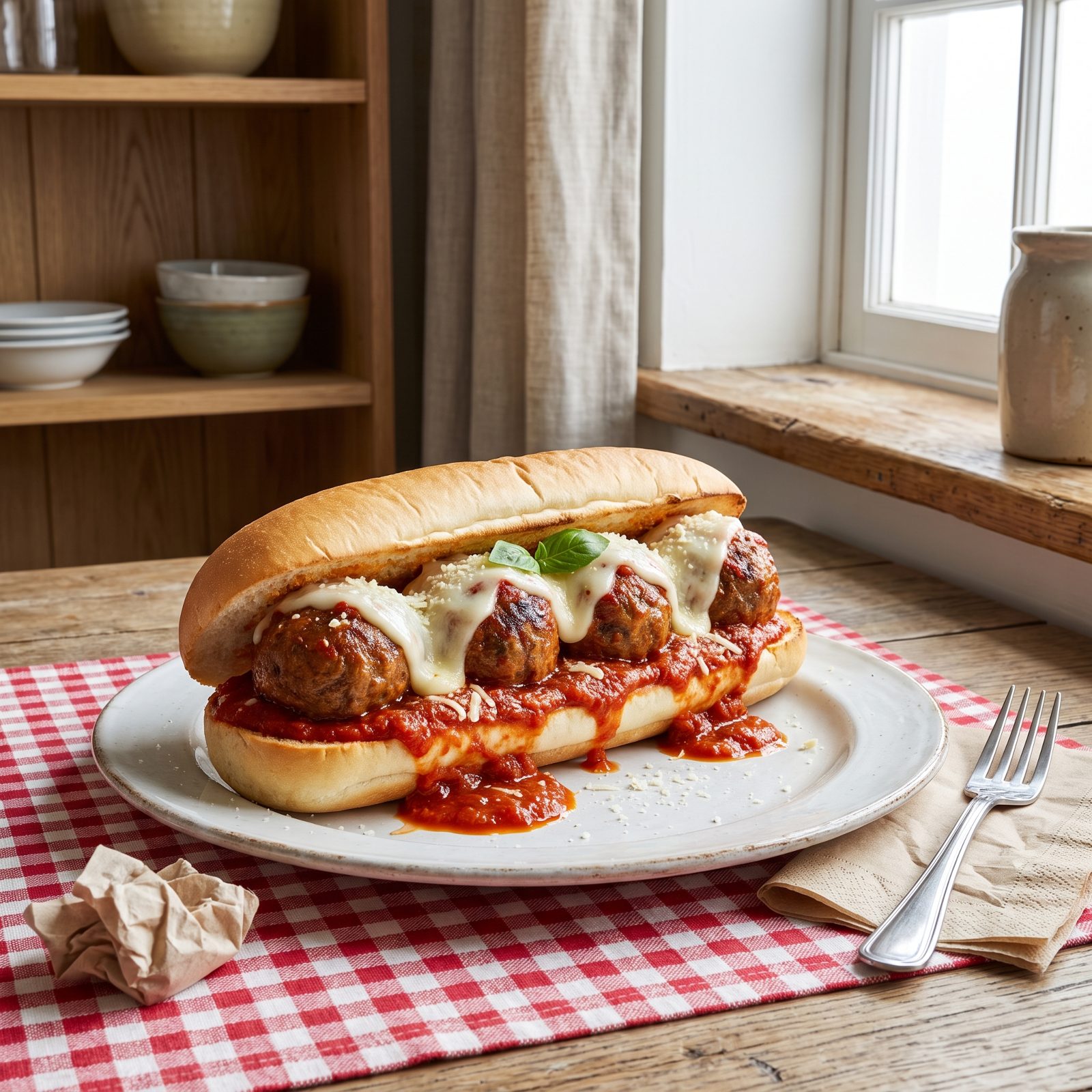Meatball sub on a hero roll with marinara and melted mozzarella on a plate, with napkins on a red-checkered tablecloth.