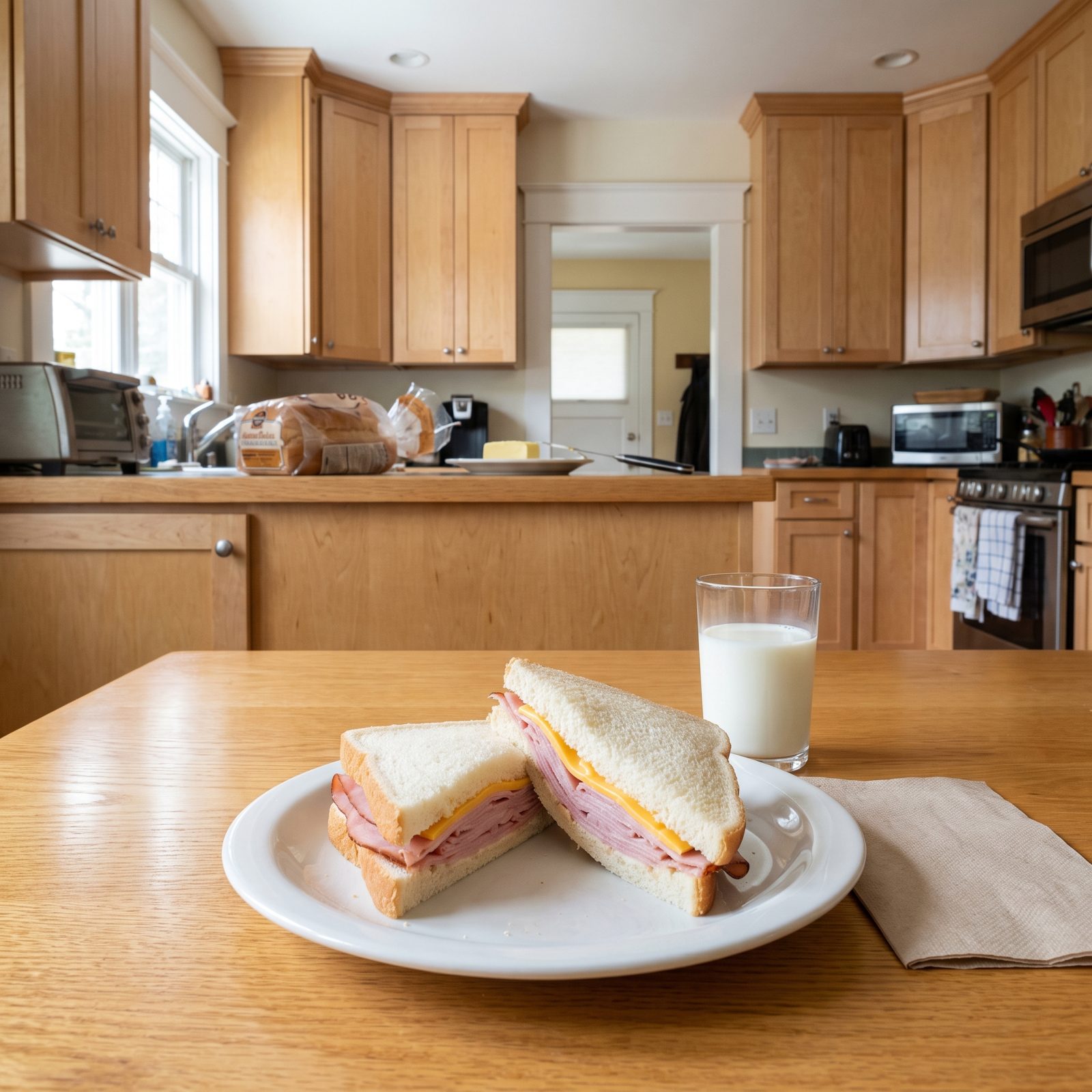 Kitchen table with a ham and cheese sandwich on a white plate, cut on the diagonal into two triangles.