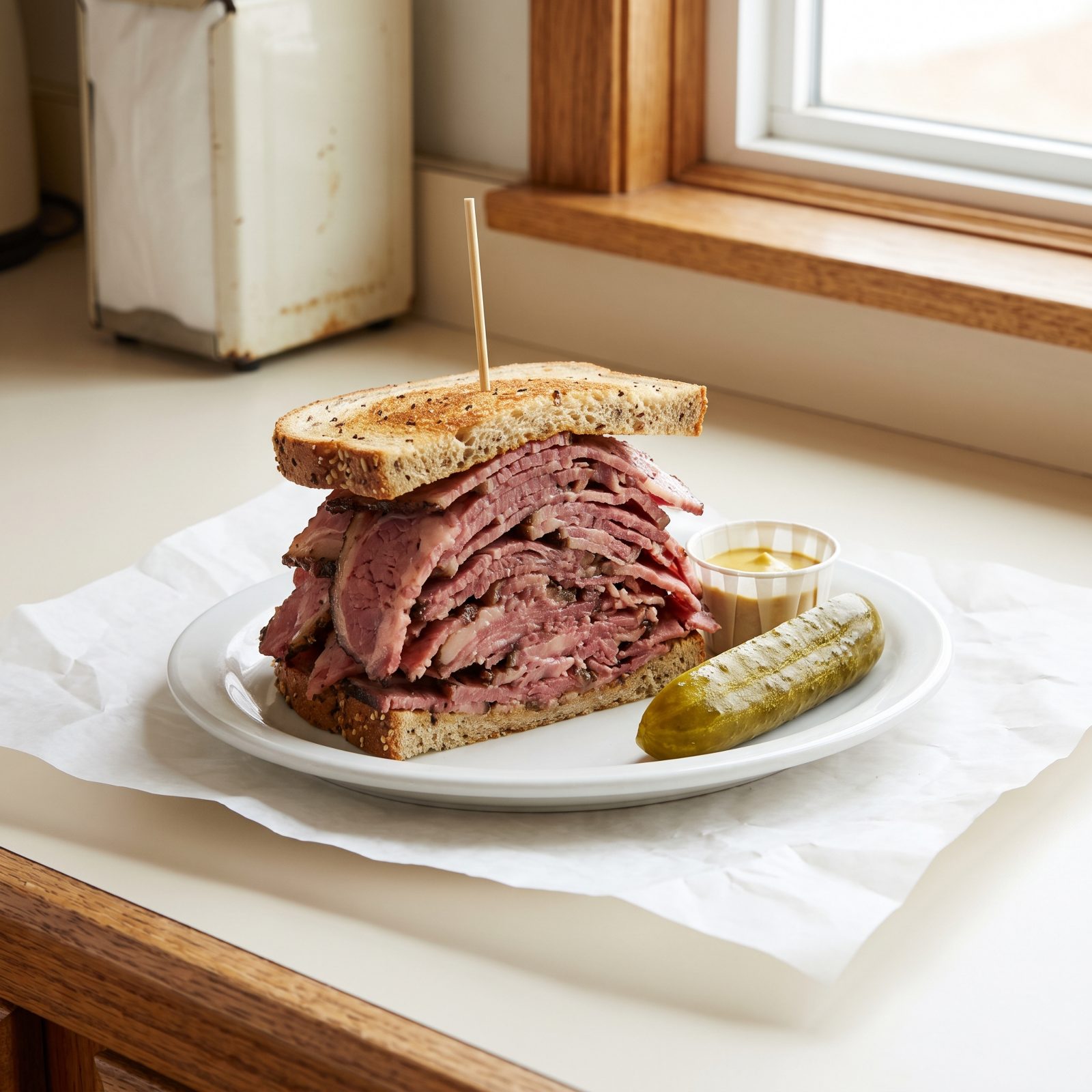 Deli plate with a tall pastrami sandwich on rye held together by a toothpick, a pickle spear and mustard beside it.