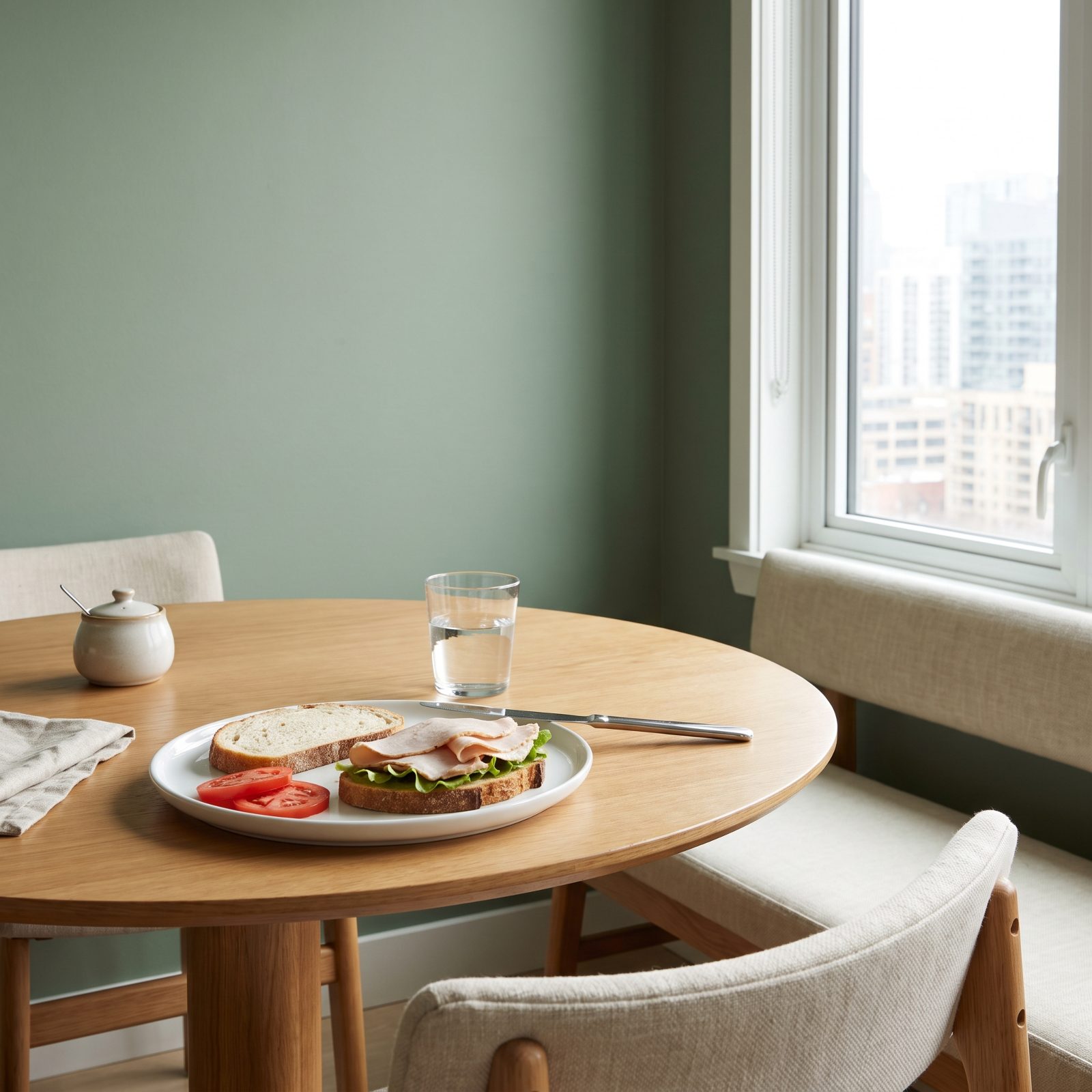 Breakfast nook table with a deli sandwich taken apart, top bread set aside and tomato slices pulled off onto the plate.